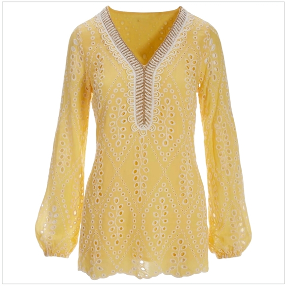 Boston Proper Yellow Eyelet Embellished Tunic Top sz M - Picture 2 of 11